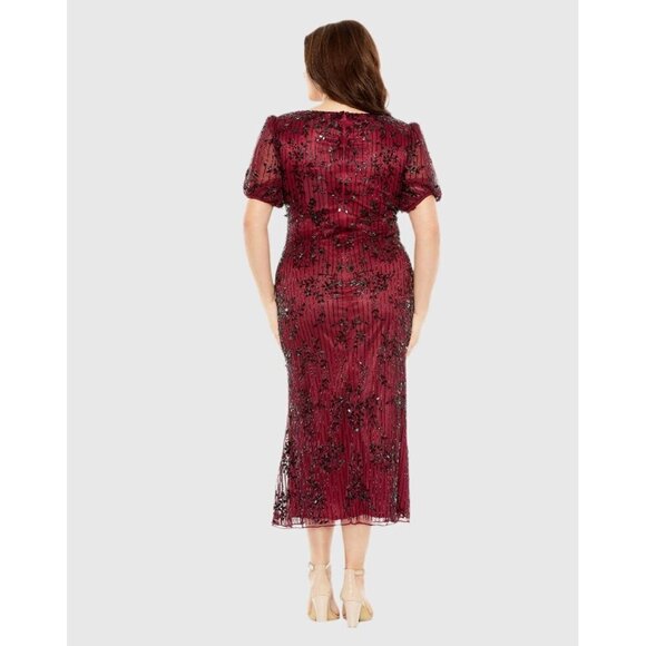 Mac Duggal Size 16 W Burgundy Puff Sleeve Embellished Cocktail MIDI Dress $598 - Picture 3 of 9